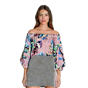 City Chic Heartwine Off-Shoulder Blouse Floral Flutter Sleeves Mauve Pink W 18